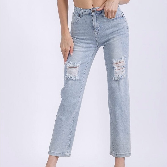 Women's Button Closure Pockets Distress High Stretch Denim Pants